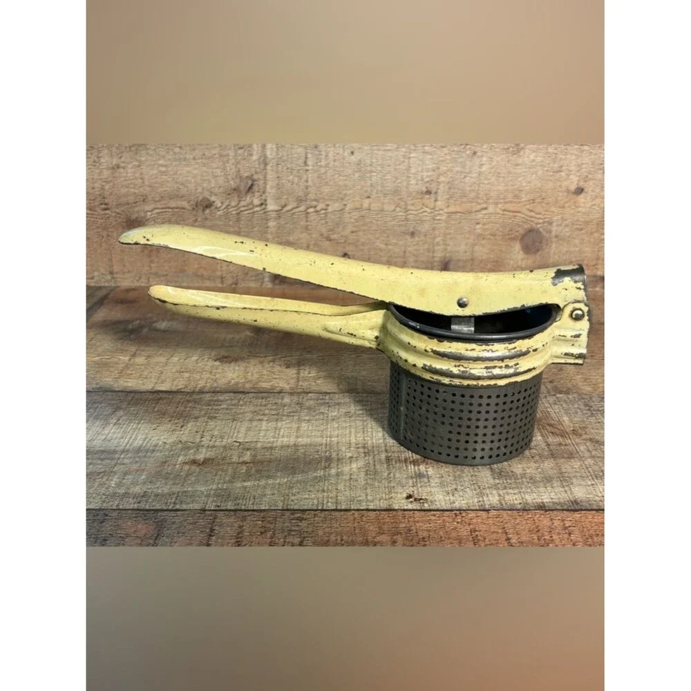 Vintage Potato Ricer Masher Juicer Strainer Metal Hinged Press Yellow Handheld
